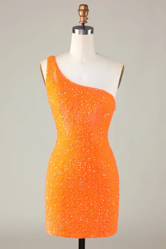 Sequins One-Shoulder Orange Tight Beading Short Homecoming Dress sold by Zapaka