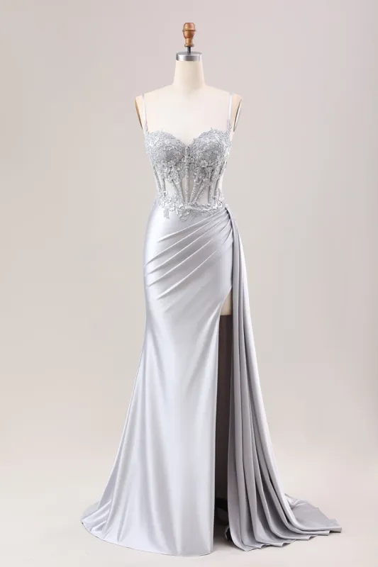 Silver Mermaid Pleated Sheer Long Corset Satin Prom Dress With Slit sold by Zapaka