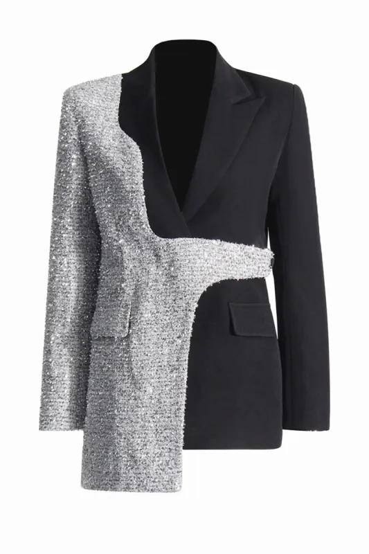 Silver Black Peak Lapel Slim Fit Women Blazer sold by Zapaka