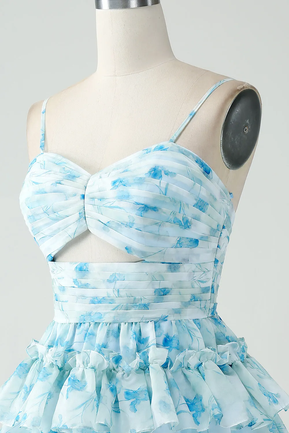 A-Line Spaghetti Straps Tiered Blue Floral Short Homecoming Dress sold by Zapaka product image thumbnail 4