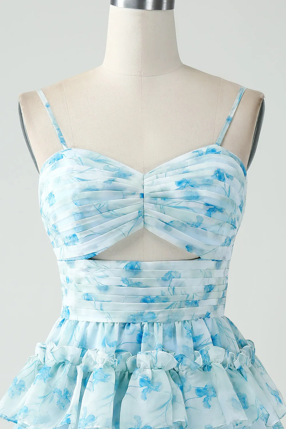 A-Line Spaghetti Straps Tiered Blue Floral Short Homecoming Dress sold by Zapaka product image thumbnail 5