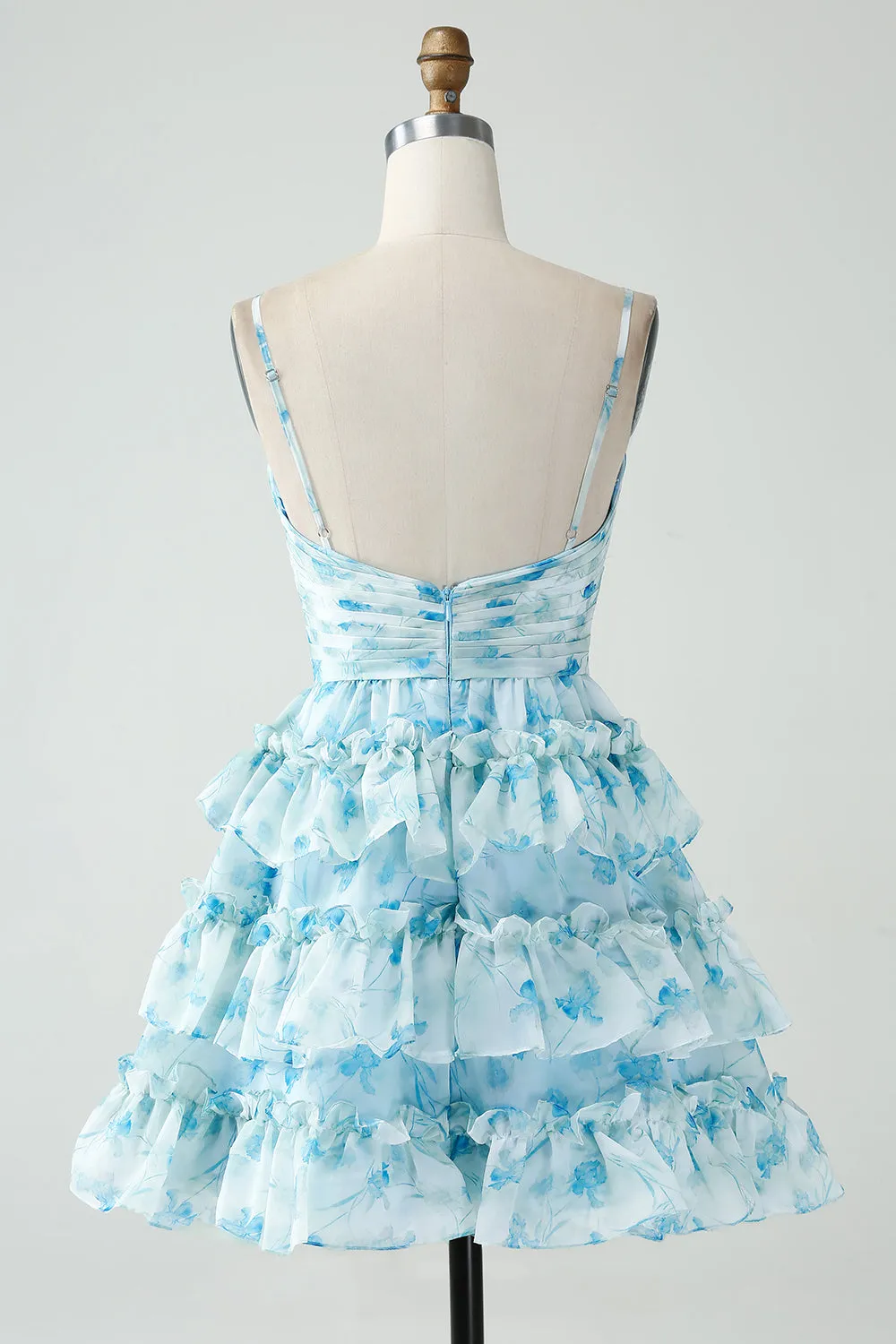 A-Line Spaghetti Straps Tiered Blue Floral Short Homecoming Dress sold by Zapaka product image thumbnail 2
