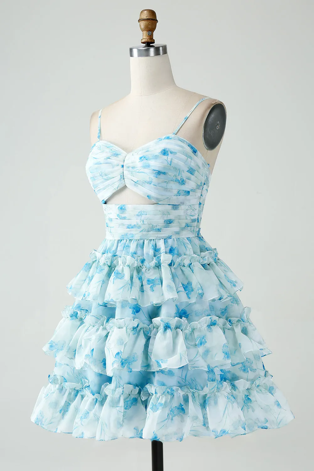 A-Line Spaghetti Straps Tiered Blue Floral Short Homecoming Dress sold by Zapaka product image thumbnail 3