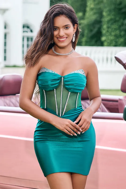 Unique Sparkly Dark Green Strapless Corset Tight Homecoming Dress with Beading sold by Zapaka
