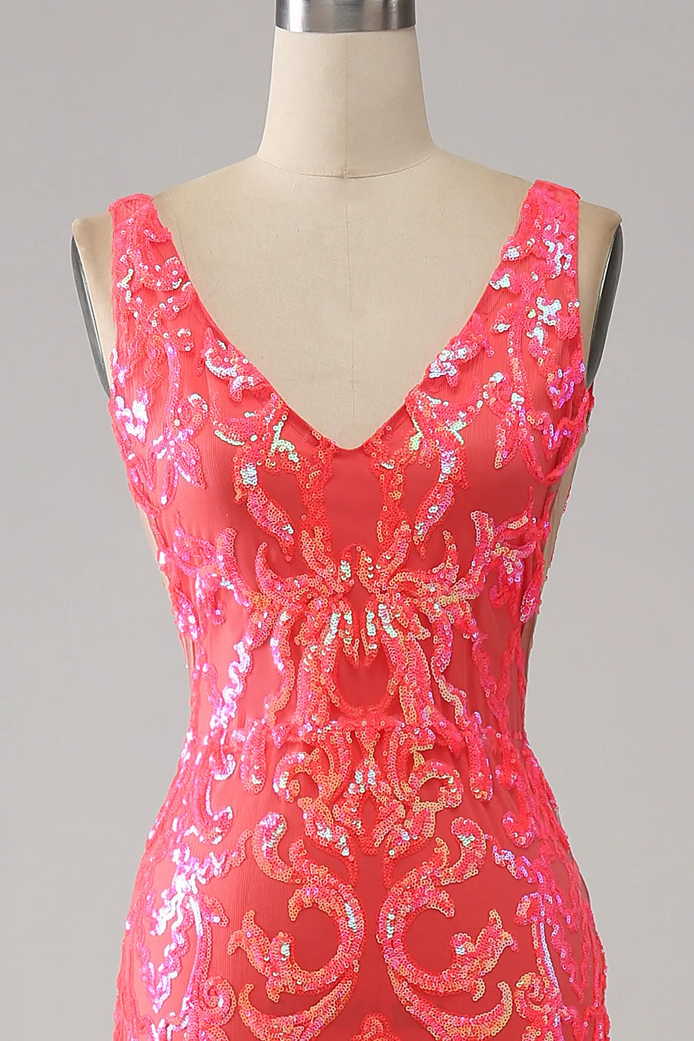 Coral Charming Mermaid Deep V Neck Sparkly Sequin Prom Dress with Embroidery sold by Zapaka product image thumbnail 4
