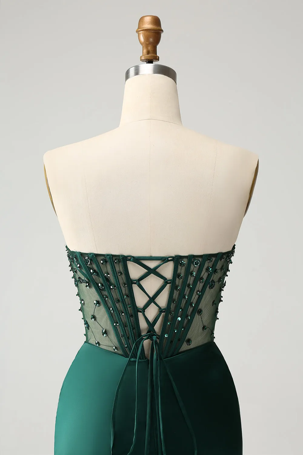 Sparkly Dark Green Mermaid Strapless Beaded Corset Long Prom Dress with Slit sold by Zapaka product image thumbnail 5