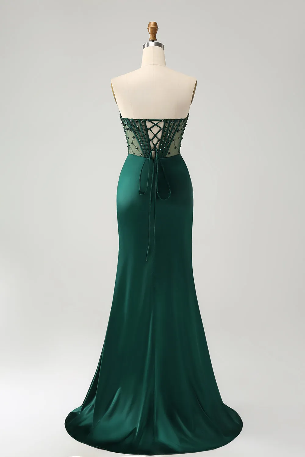 Sparkly Dark Green Mermaid Strapless Beaded Corset Long Prom Dress with Slit sold by Zapaka product image thumbnail 2