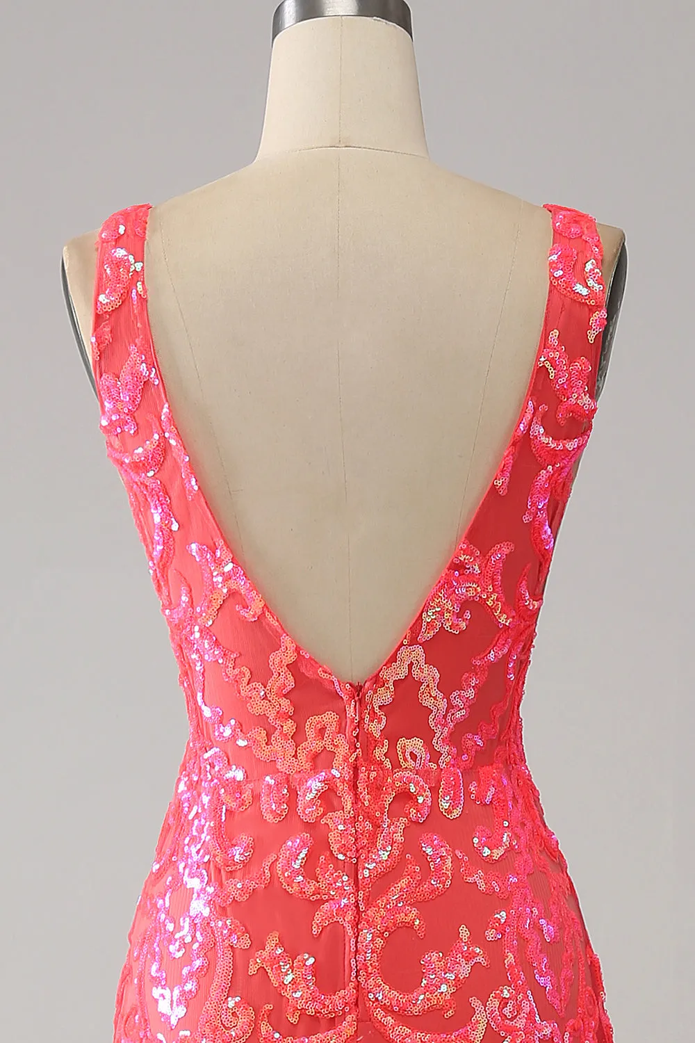 Coral Charming Mermaid Deep V Neck Sparkly Sequin Prom Dress with Embroidery sold by Zapaka product image thumbnail 5