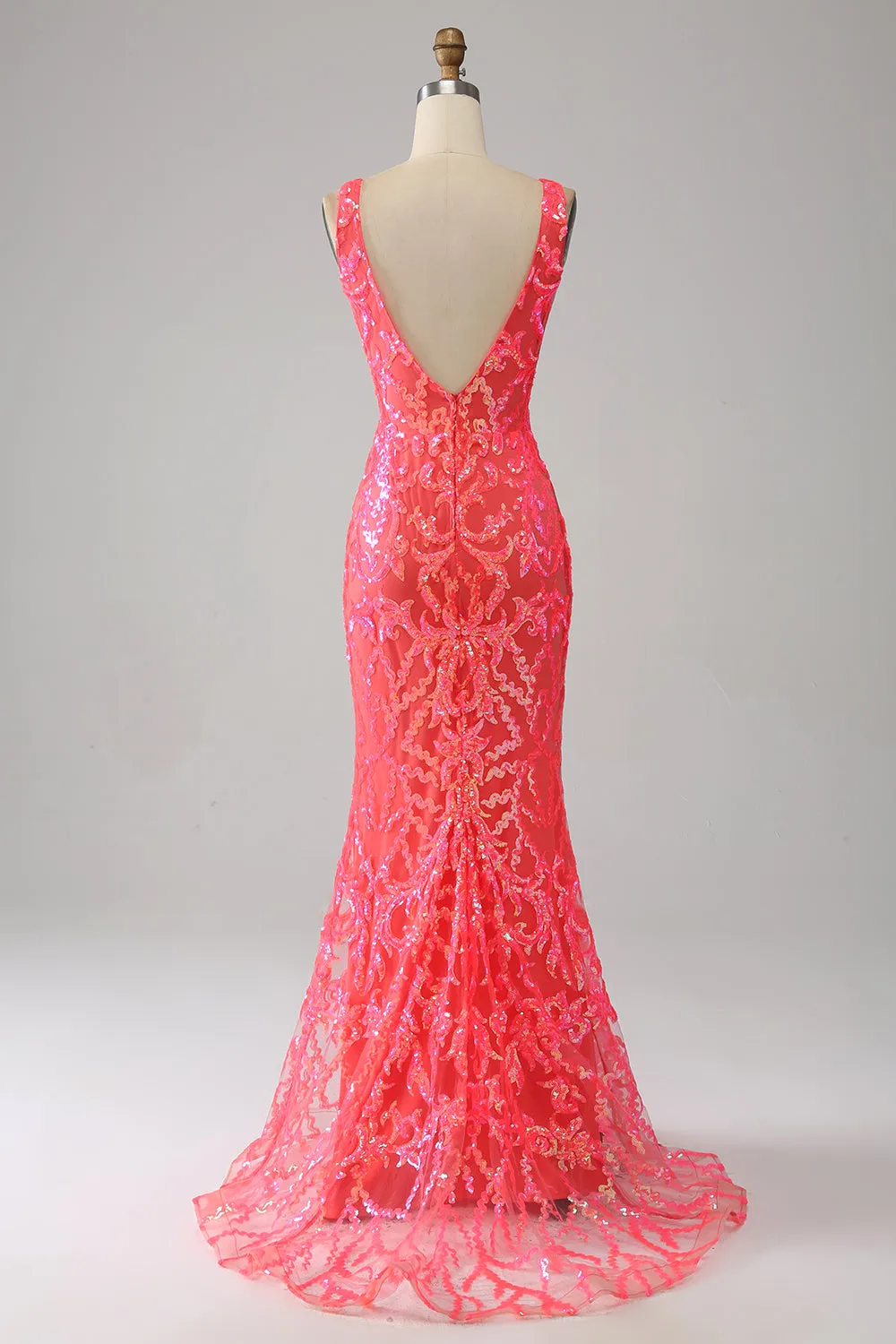 Coral Charming Mermaid Deep V Neck Sparkly Sequin Prom Dress with Embroidery sold by Zapaka product image thumbnail 2