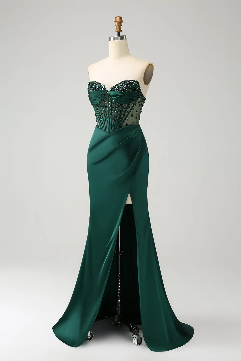 Sparkly Dark Green Mermaid Strapless Beaded Corset Long Prom Dress with Slit sold by Zapaka product image thumbnail 3