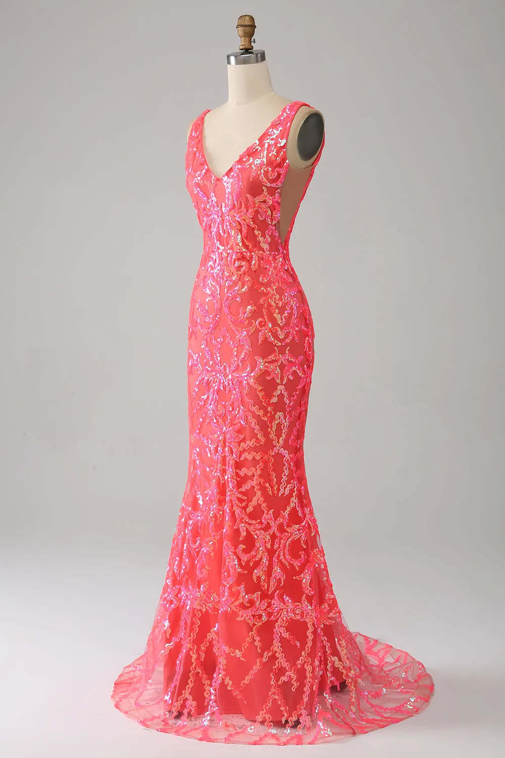 Coral Charming Mermaid Deep V Neck Sparkly Sequin Prom Dress with Embroidery sold by Zapaka product image thumbnail 3