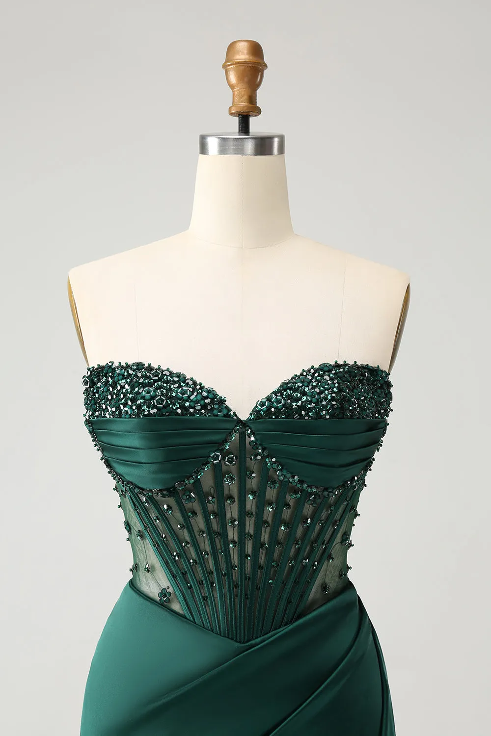 Sparkly Dark Green Mermaid Strapless Beaded Corset Long Prom Dress with Slit sold by Zapaka product image thumbnail 4