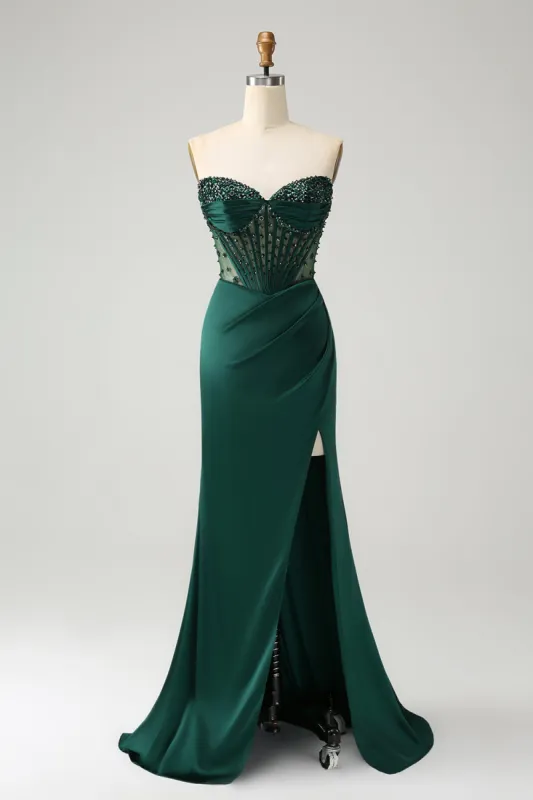 Sparkly Dark Green Mermaid Strapless Beaded Corset Long Prom Dress with Slit sold by Zapaka