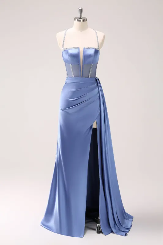Sparkly Blue Spaghetti Straps Corset Prom Dress with Lace-Up Back sold by Zapaka