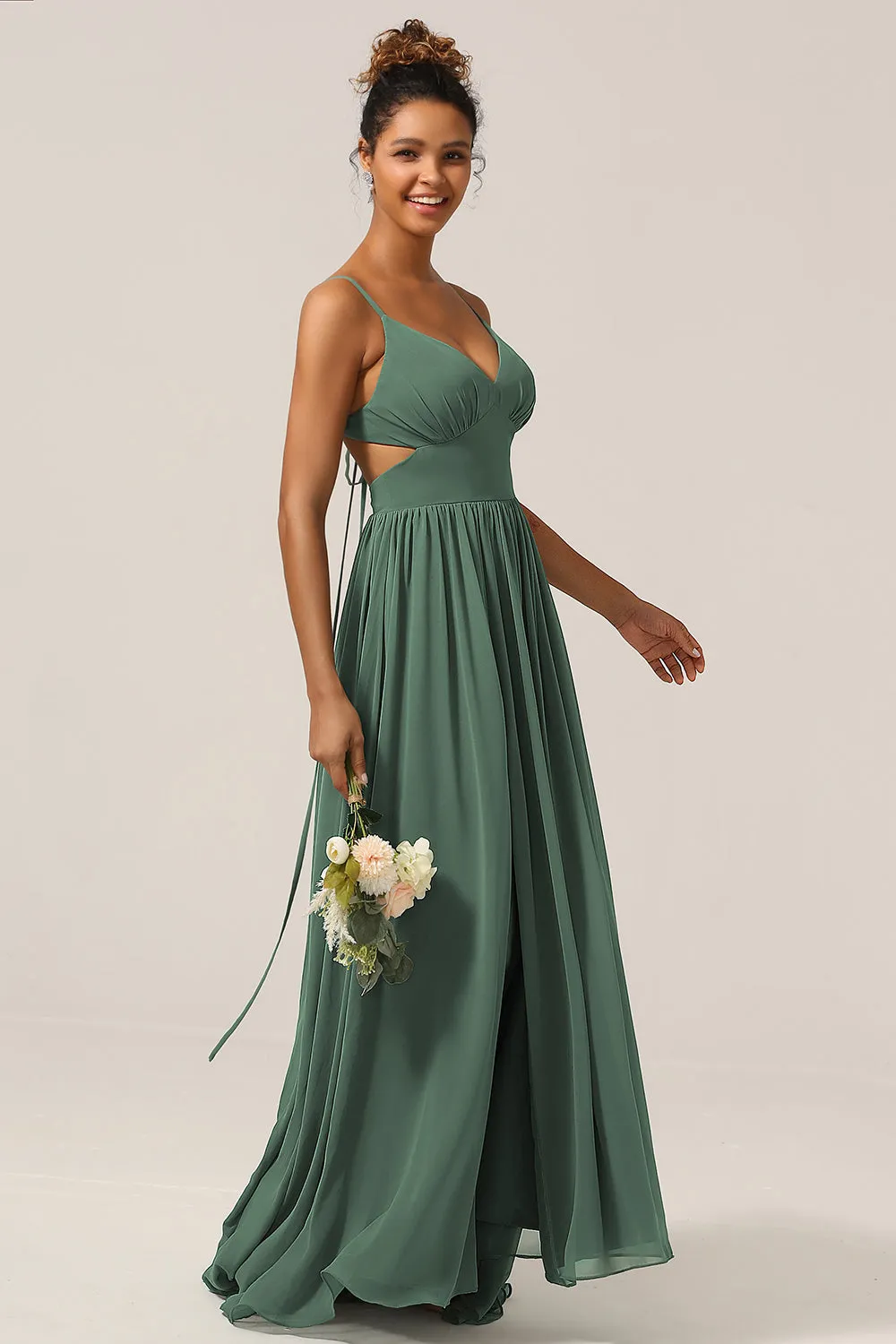 Eucalyptus Spaghetti Straps A Line Bridesmaid Dress with Slit sold by Zapaka product image thumbnail 3