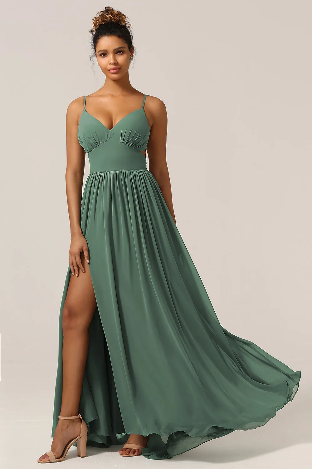 Eucalyptus Spaghetti Straps A Line Bridesmaid Dress with Slit sold by Zapaka