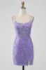 Sparkly Lilac Bodycon Sequins Appliques Short Homecoming Dress with Slit sold by Zapaka