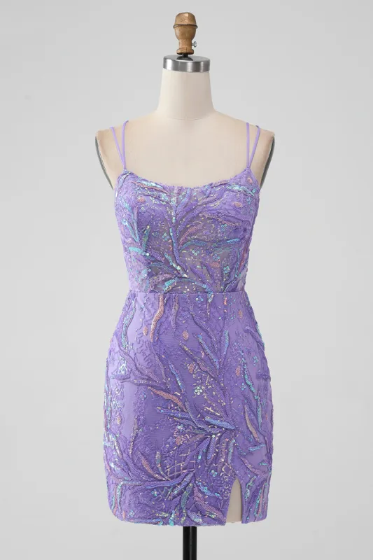 Sparkly Lilac Bodycon Sequins Appliques Short Homecoming Dress with Slit sold by Zapaka