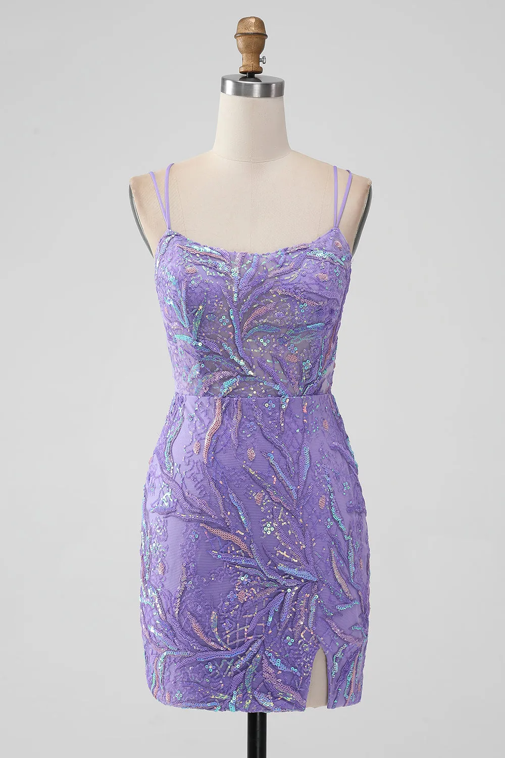 Sparkly Lilac Bodycon Sequins Appliques Short Homecoming Dress with Slit sold by Zapaka