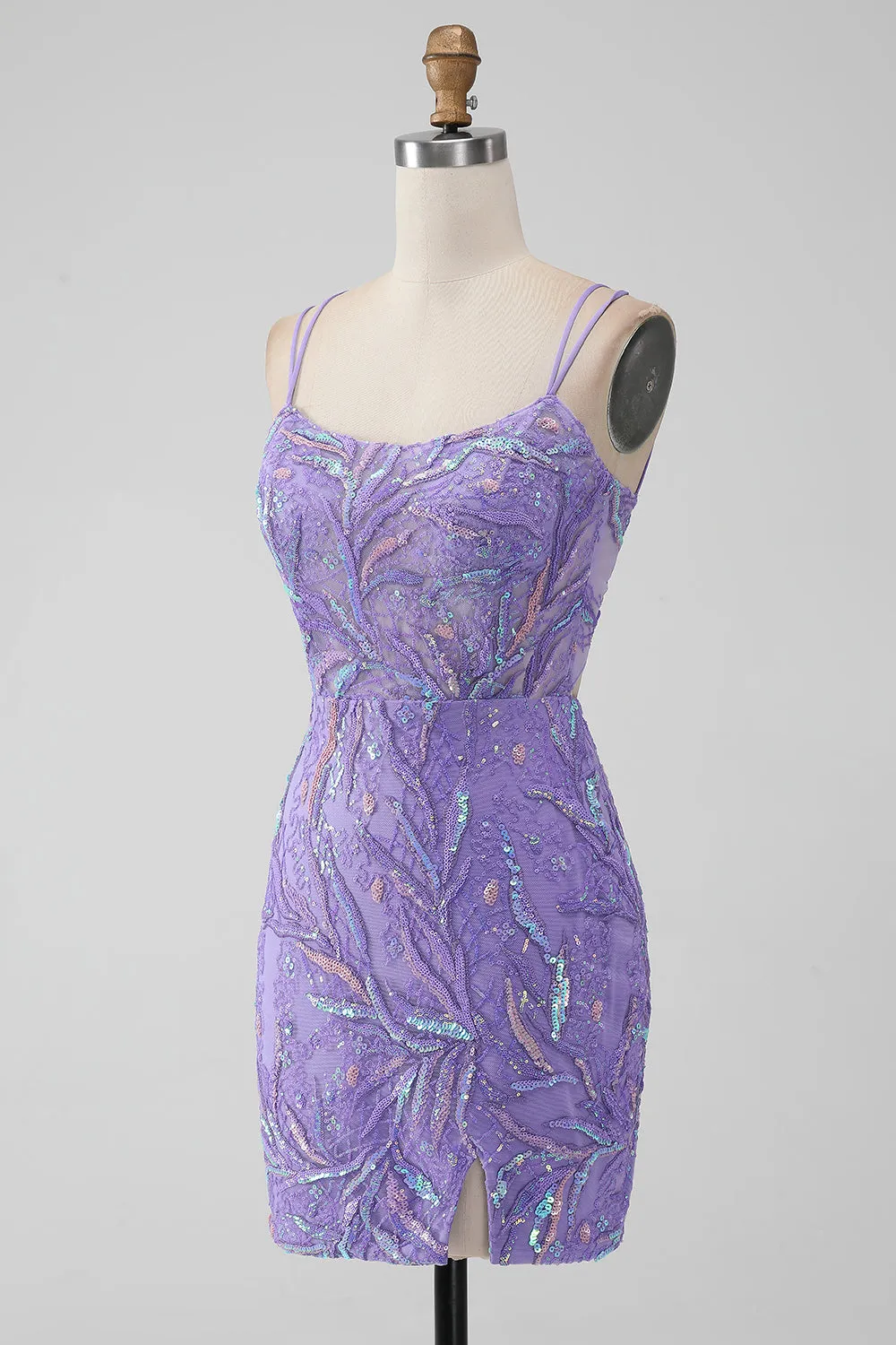 Sparkly Lilac Bodycon Sequins Appliques Short Homecoming Dress with Slit sold by Zapaka product image thumbnail 3