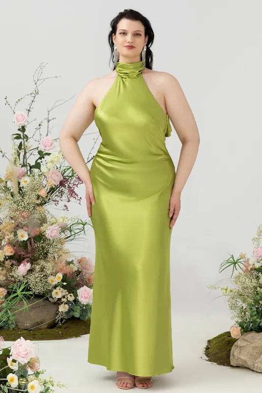 Sheath Halter Open Back Lemon Green Plus Size Wedding Guest Dress sold by Zapaka