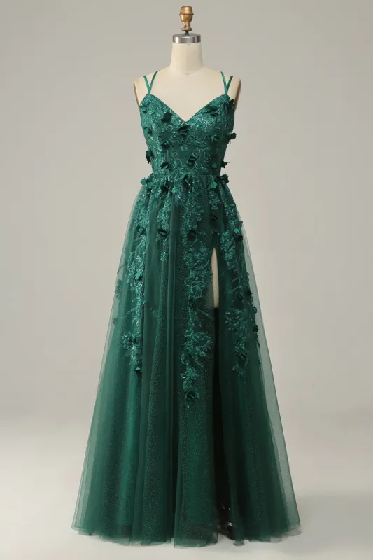 Dark Green A Line Tulle Prom Dress with Slit sold by Zapaka