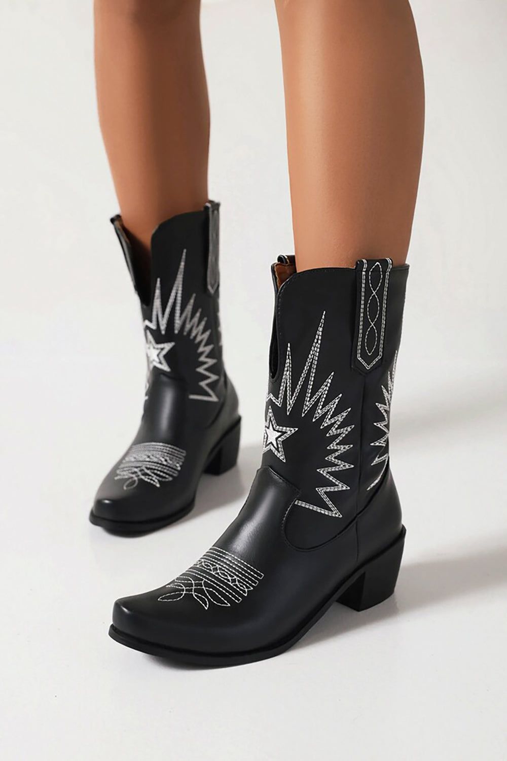 Black Stitching Mid Calf Chunky Heel Western Boots sold by Zapaka product image thumbnail 3