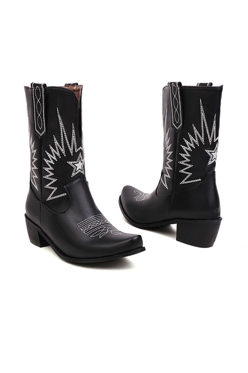 Black Stitching Mid Calf Chunky Heel Western Boots sold by Zapaka product image thumbnail 4