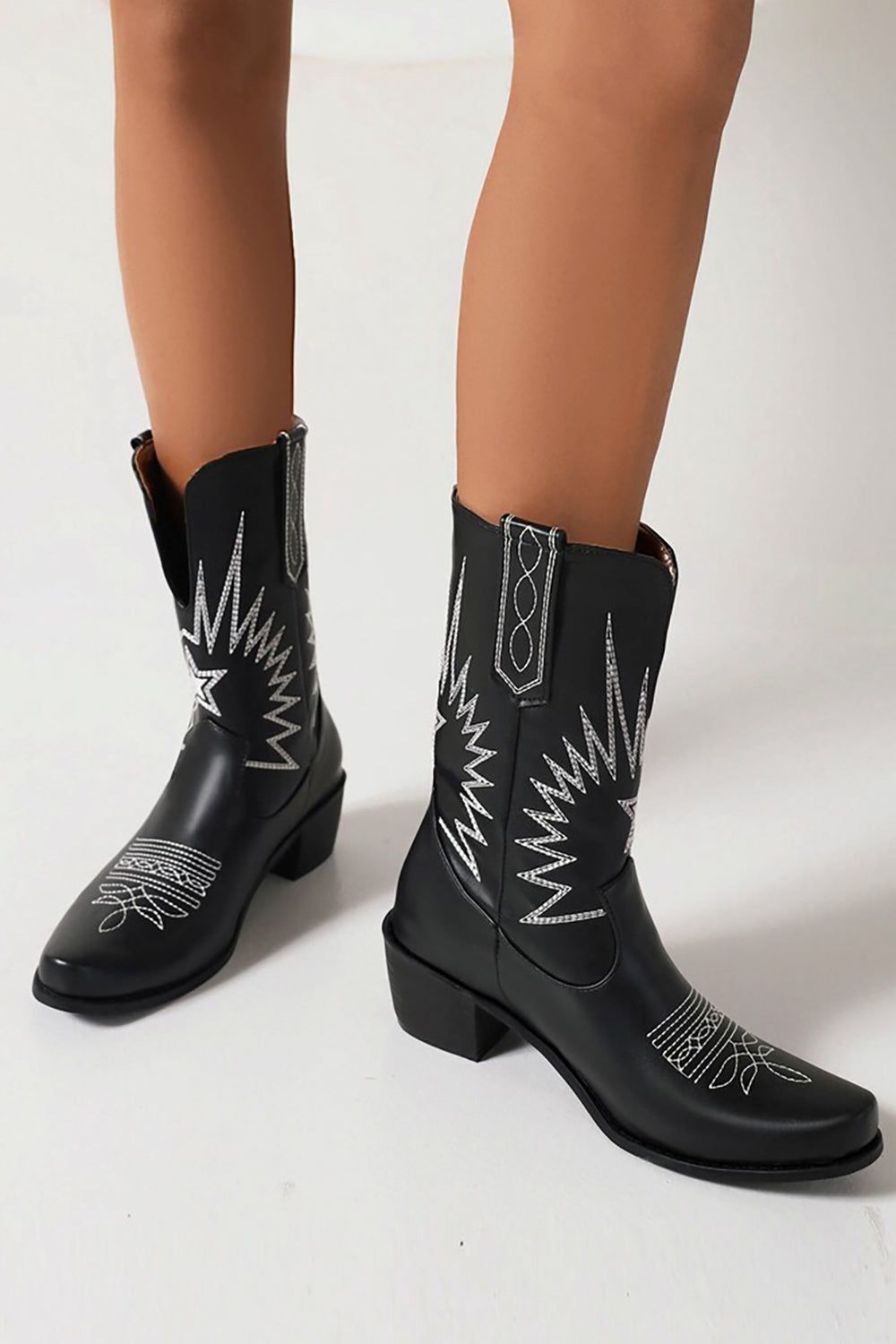Black Stitching Mid Calf Chunky Heel Western Boots sold by Zapaka