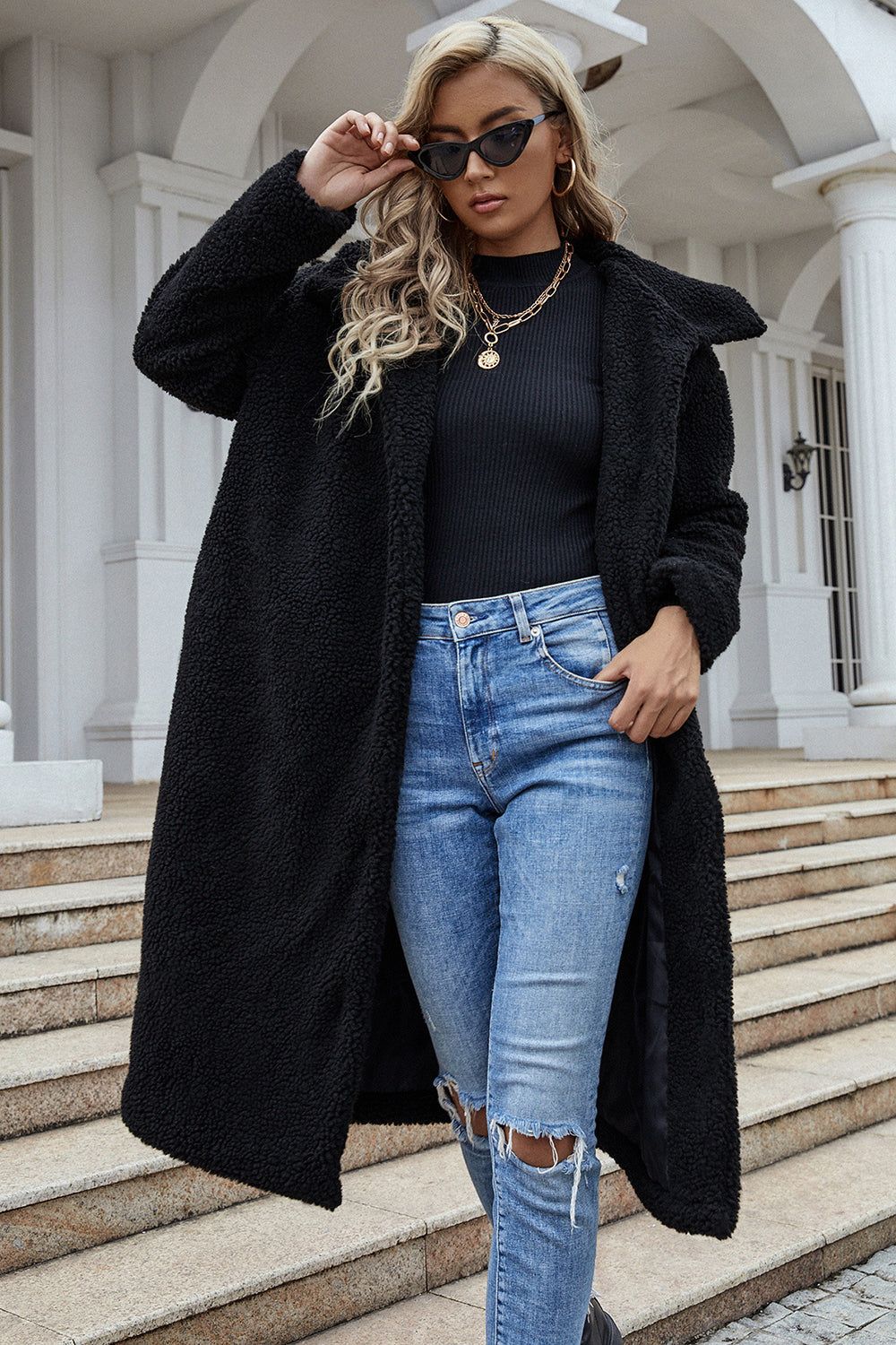 Black Lapel Neck Long Faux Fur Women Coat sold by Zapaka