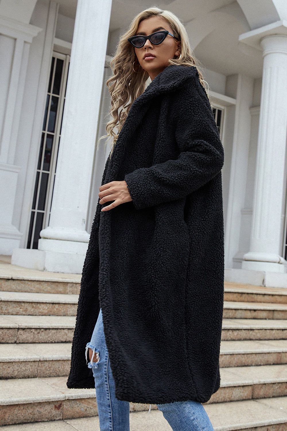 Black Lapel Neck Long Faux Fur Women Coat sold by Zapaka product image thumbnail 3