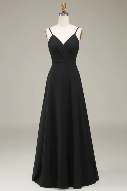 A-Line Spaghetti Straps Black Chiffon Long Bridesmaid Dress sold by Zapaka