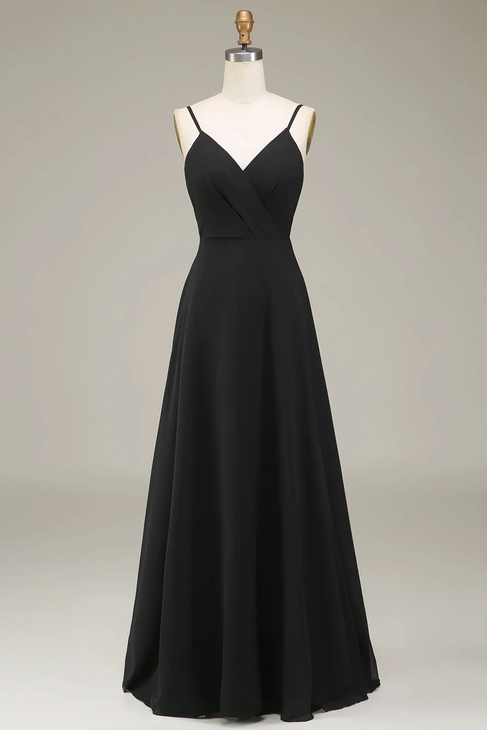 A-Line Spaghetti Straps Black Chiffon Long Bridesmaid Dress sold by Zapaka