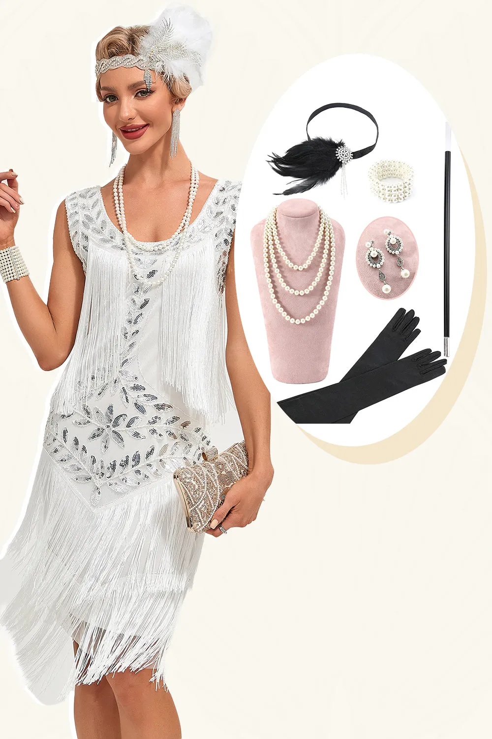 White Sequins Fringes Flapper Dress with Accessories Set sold by Zapaka