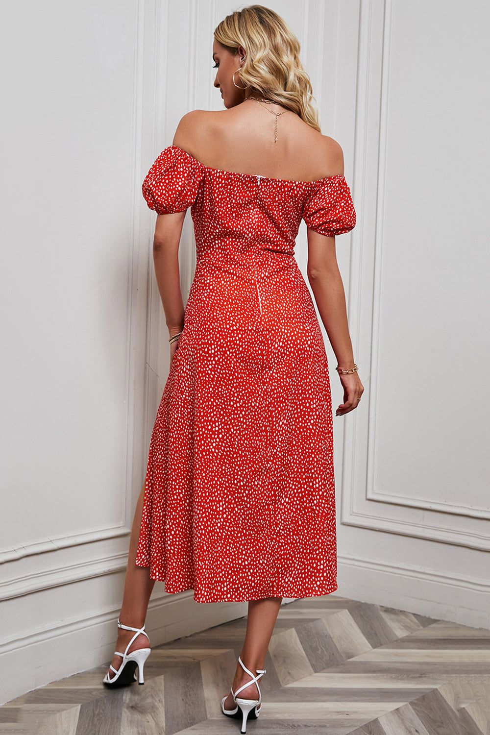 Red Printed Off the Shoulder Summer Dress With Slit sold by Zapaka product image thumbnail 2