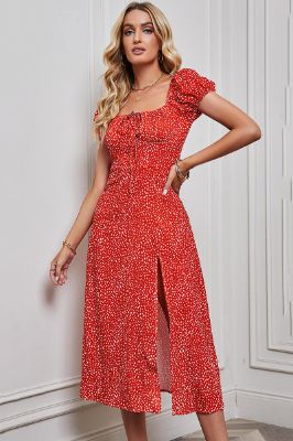 Red Printed Off the Shoulder Summer Dress With Slit sold by Zapaka