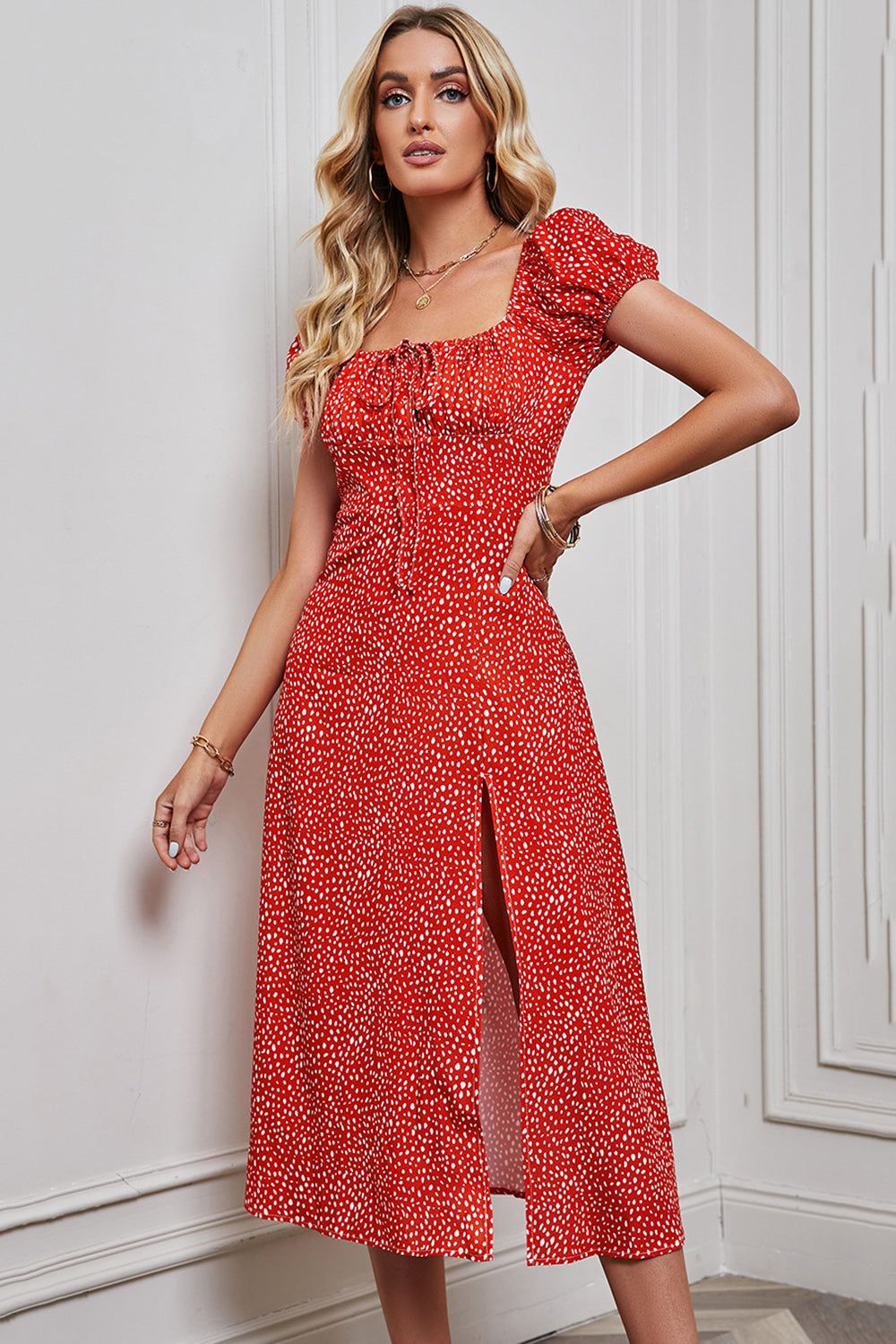 Red Printed Off the Shoulder Summer Dress With Slit sold by Zapaka