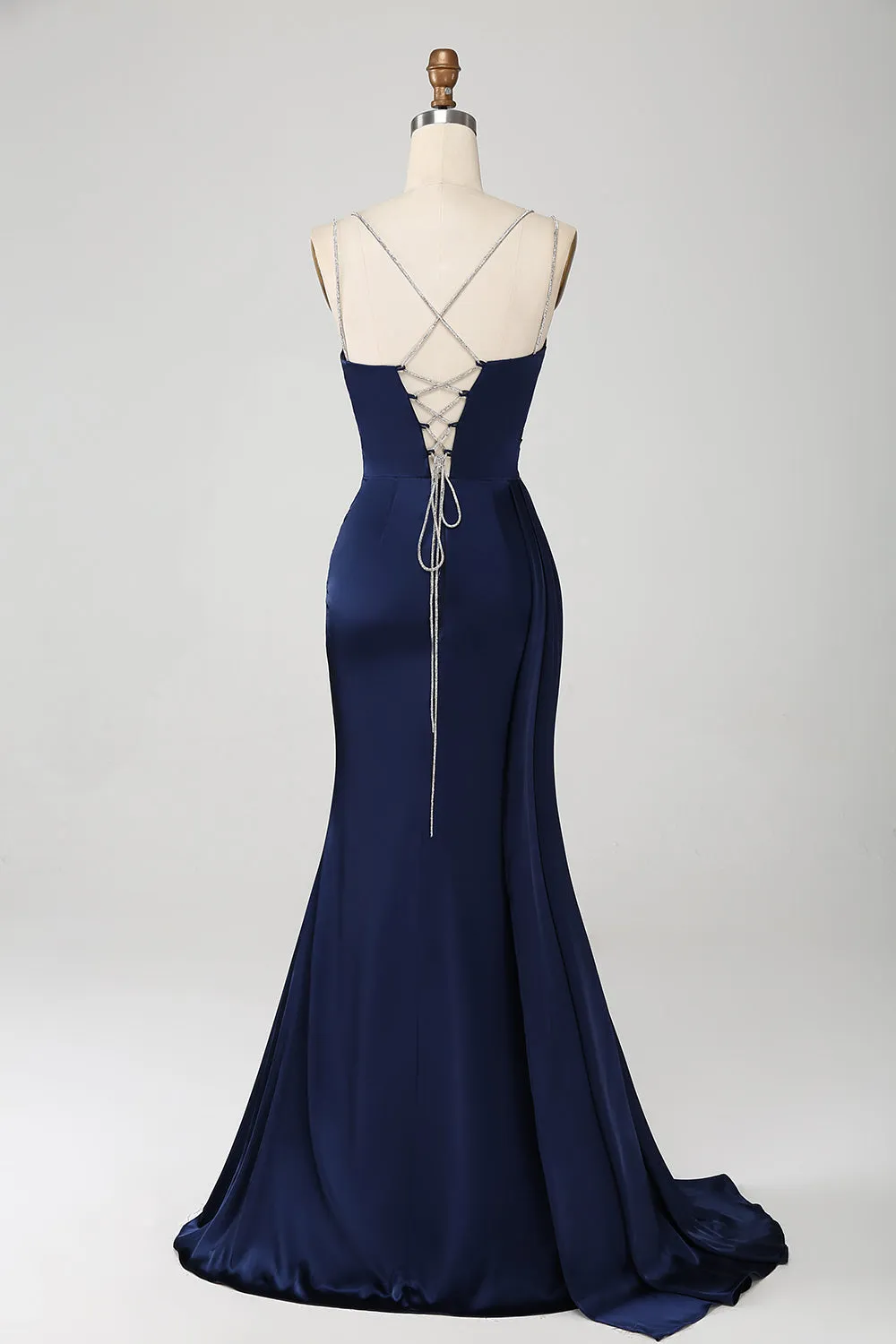 Navy Mermaid Spaghetti Straps Pleated Corset Long Prom Dress With Slit sold by Zapaka product image thumbnail 2