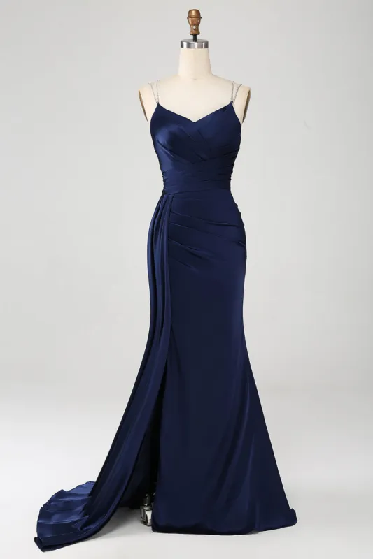 Navy Mermaid Spaghetti Straps Pleated Corset Long Prom Dress With Slit sold by Zapaka