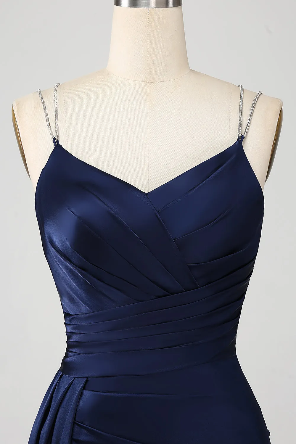 Navy Mermaid Spaghetti Straps Pleated Corset Long Prom Dress With Slit sold by Zapaka product image thumbnail 4