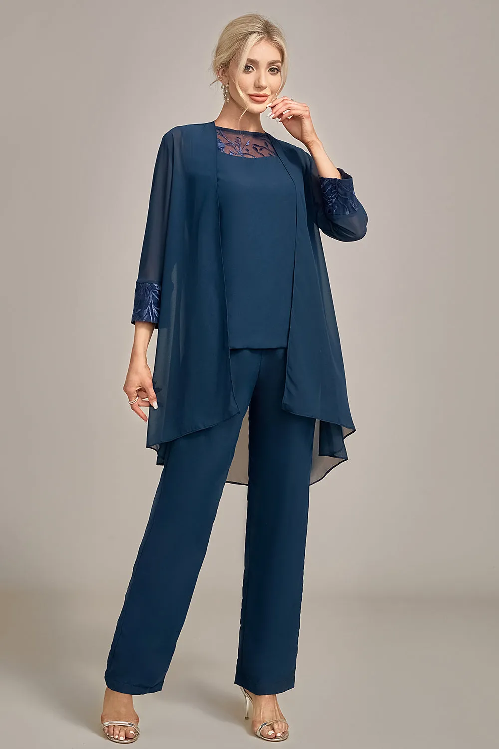 Navy Long Sleeves 3 Pieces Mother of the Bride Pant Suits sold by Zapaka product image thumbnail 3