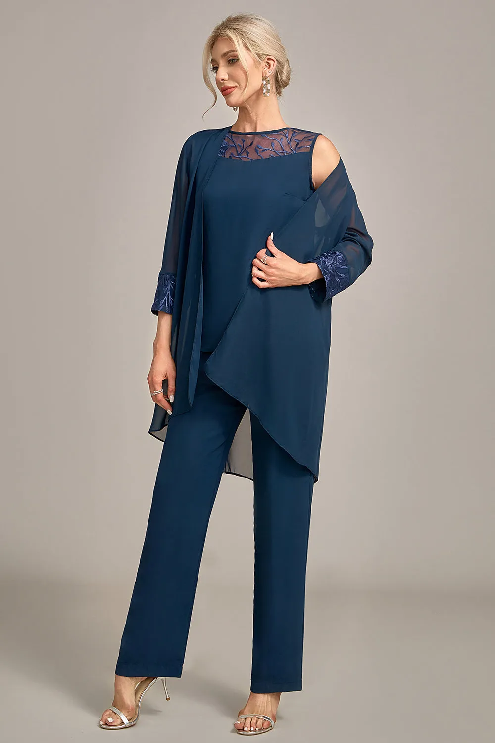 Navy Long Sleeves 3 Pieces Mother of the Bride Pant Suits sold by Zapaka product image thumbnail 5