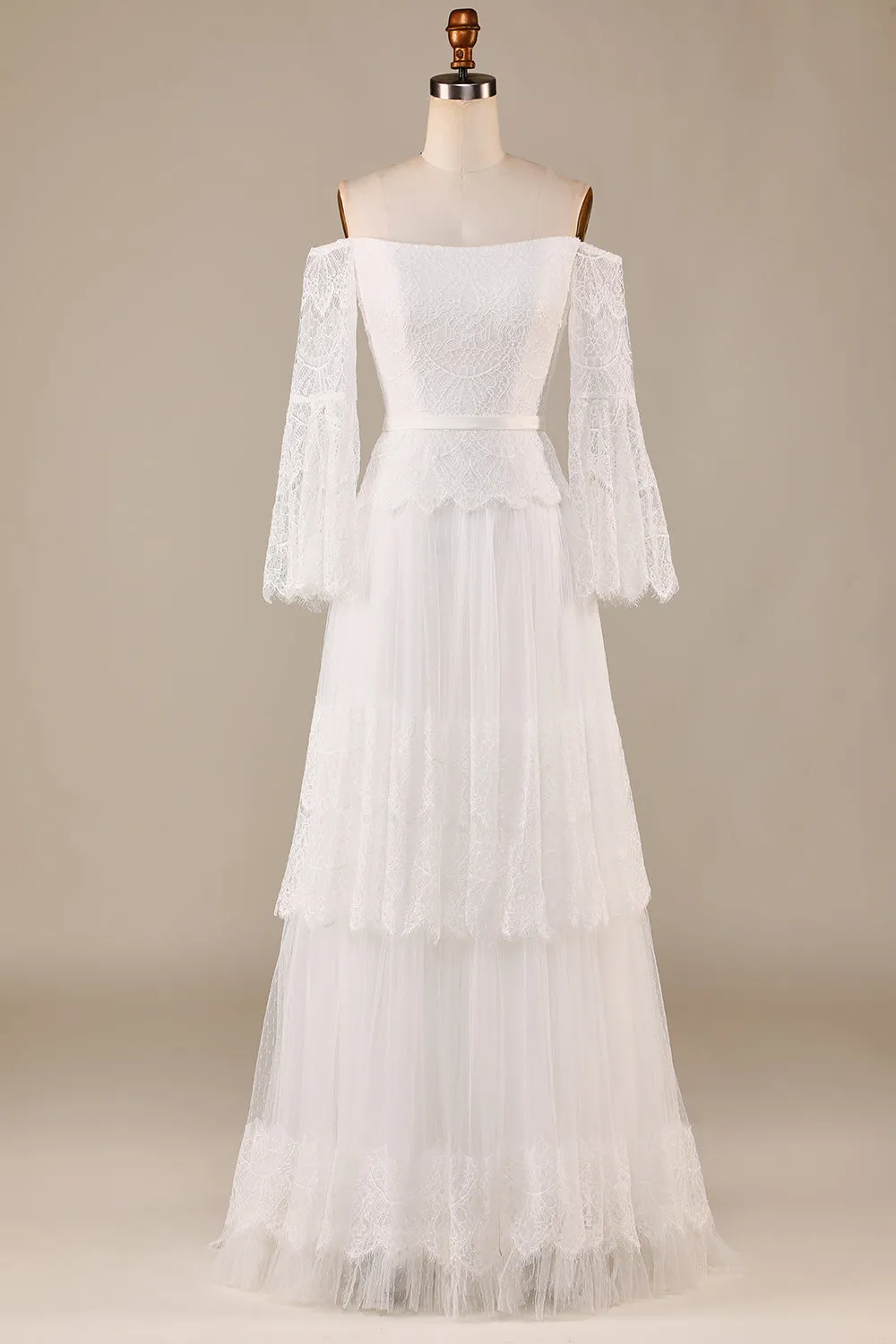 A Line Off the Shoulder Ivory Sweep Train Flare Sleeves Wedding Dress sold by Zapaka