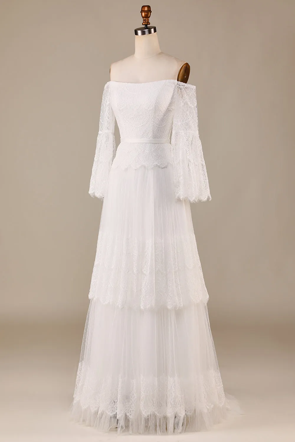 A Line Off the Shoulder Ivory Sweep Train Flare Sleeves Wedding Dress sold by Zapaka product image thumbnail 3