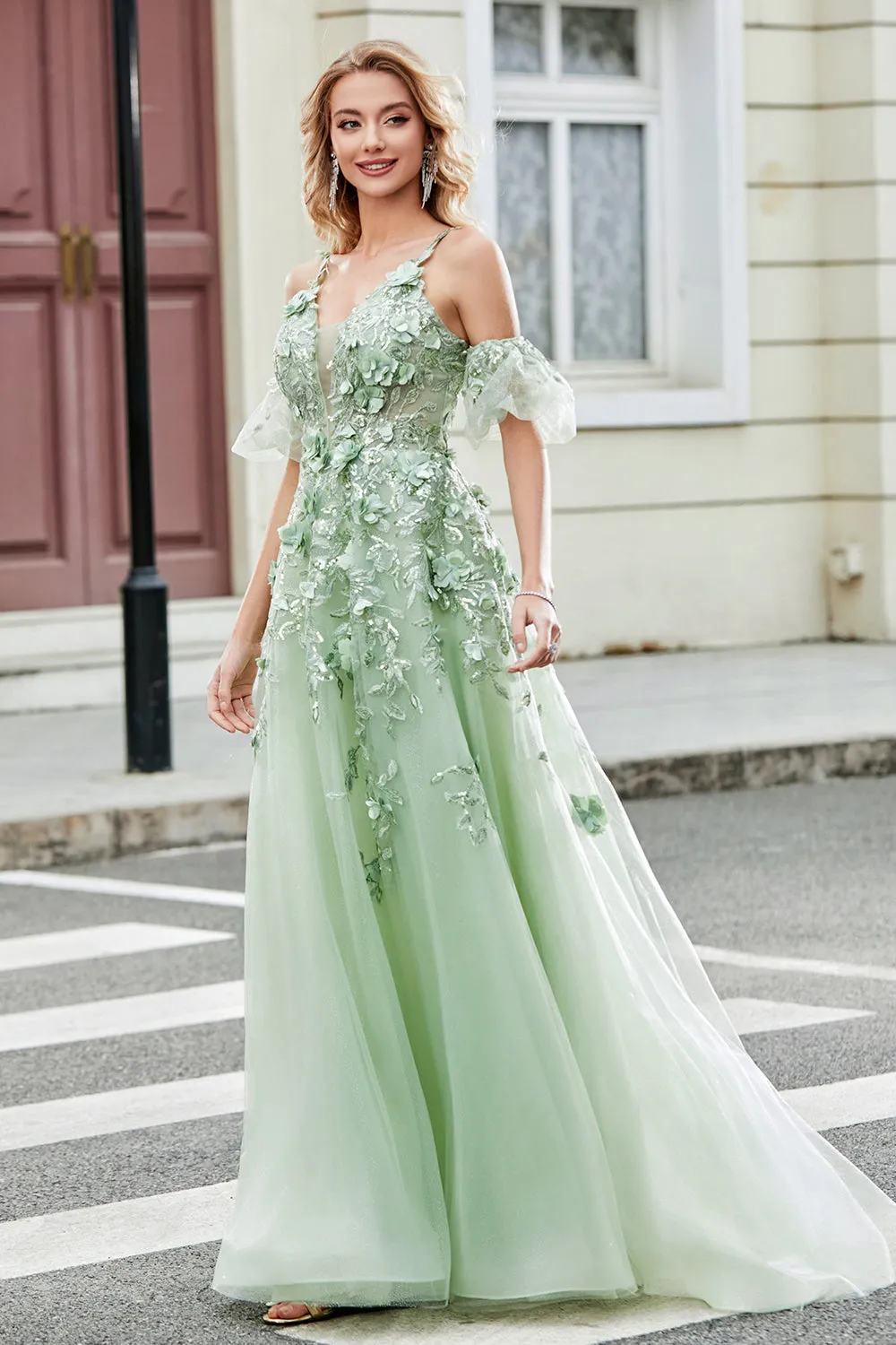 Green Removable Sleeves Tulle Prom Dress with Appliques sold by Zapaka product image thumbnail 3