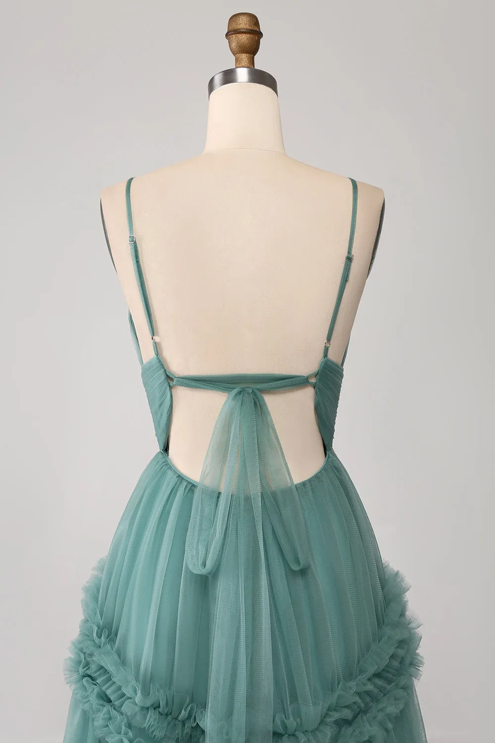 Green A Line Spaghetti Straps Tulle Long Prom Dress with Ruffles sold by Zapaka product image thumbnail 5