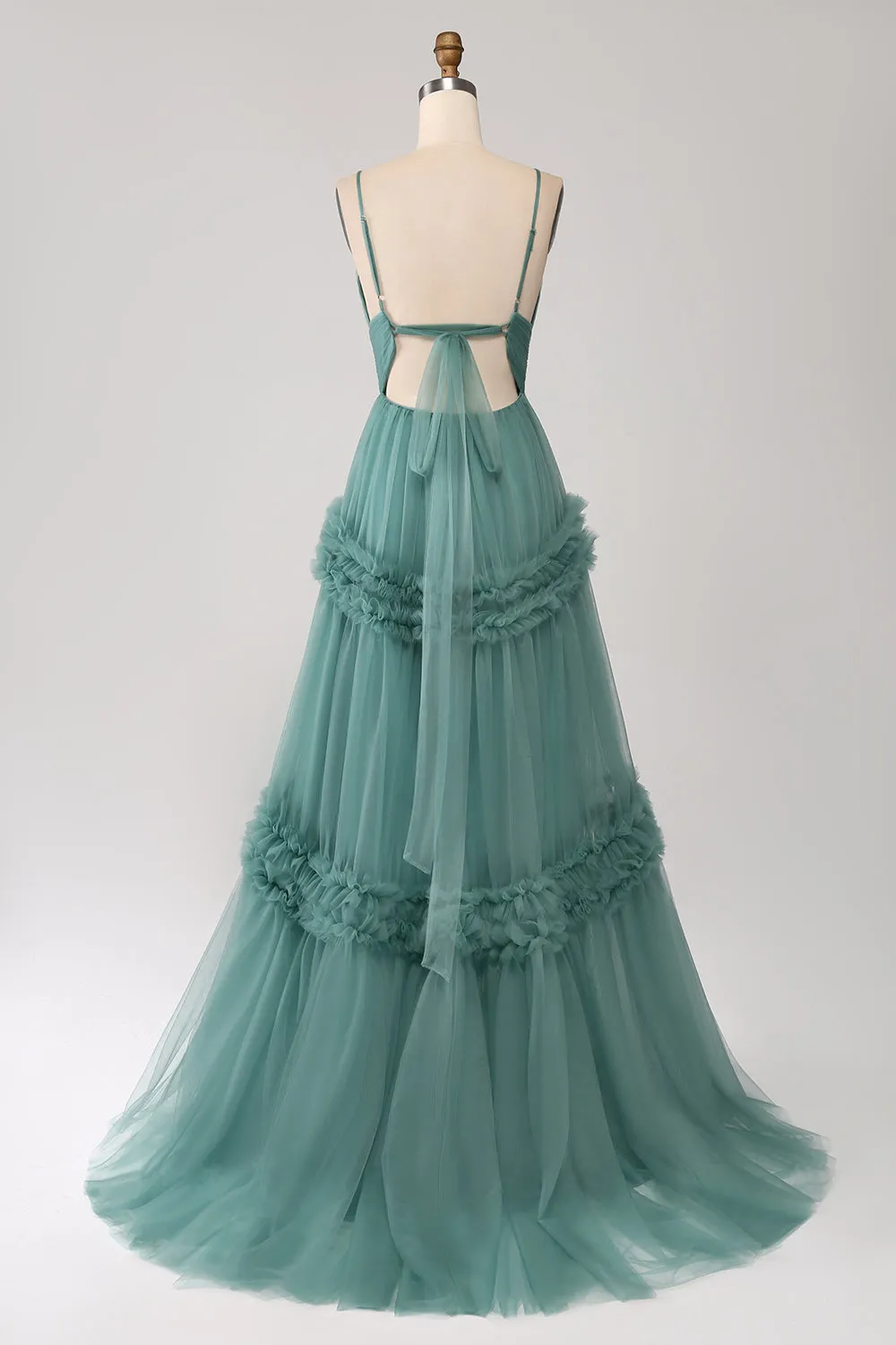 Green A Line Spaghetti Straps Tulle Long Prom Dress with Ruffles sold by Zapaka product image thumbnail 2