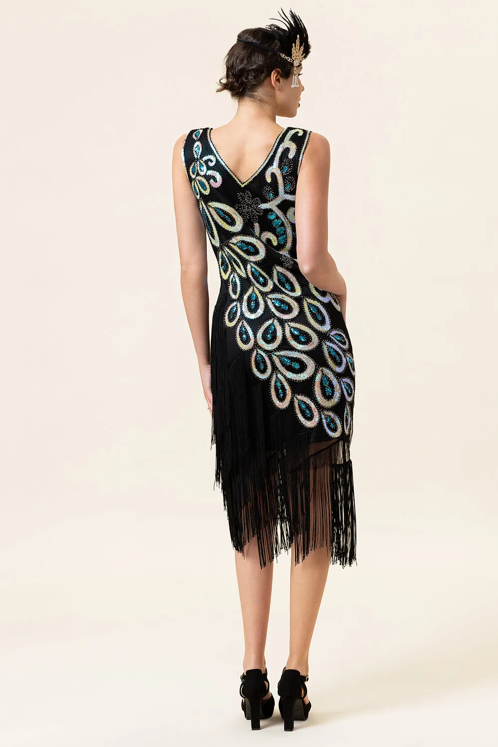 Black and Blue Sequined Fringes 1920s Gatsby Flapper Dress with 20s Accessories Set sold by Zapaka product image thumbnail 3