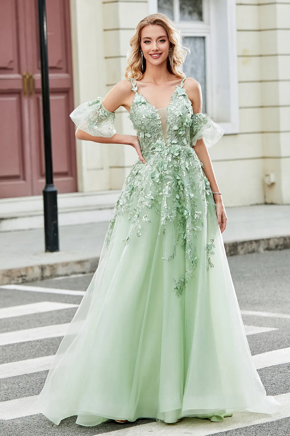 Green Removable Sleeves Tulle Prom Dress with Appliques sold by Zapaka