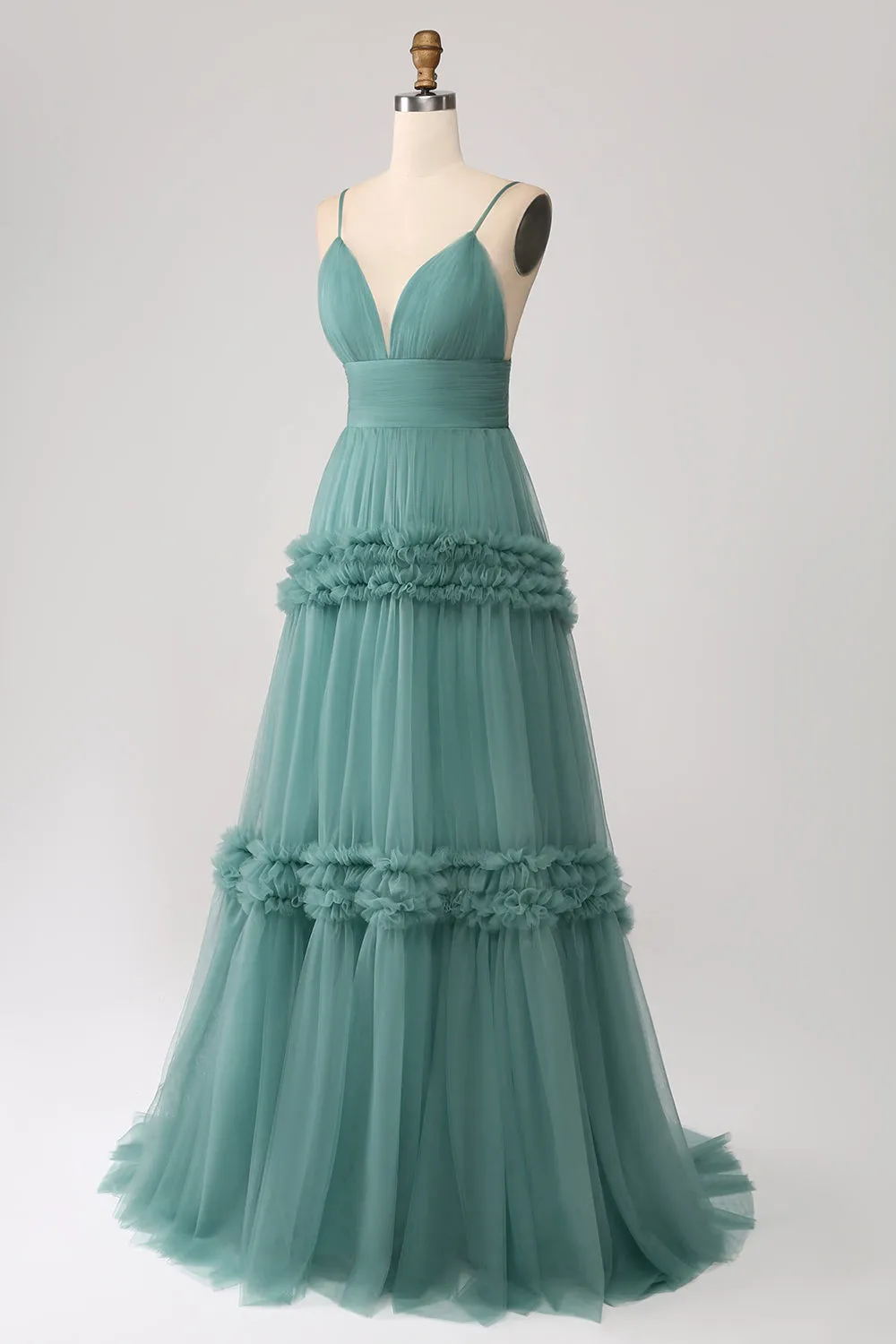Green A Line Spaghetti Straps Tulle Long Prom Dress with Ruffles sold by Zapaka product image thumbnail 3